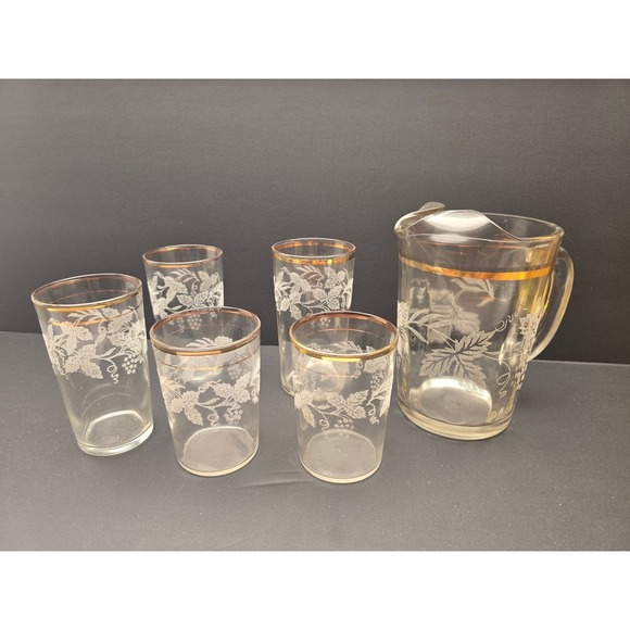 Mid-Century Etched Glass Pitcher & Glasses Set Gold Trim Grape Leaf Motif